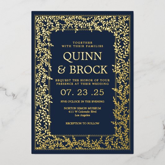 実在ミニマル葉の金ゴールドの葉結婚の 箔招待状 (正面)