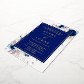 実在モダン金ゴールド青結婚白 箔招待状 (回転した状態)