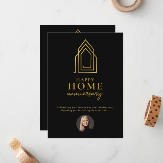 実在不動産エージェントハッピーホームアニバーサリー金ゴールド ノートカード (正面/裏面インサイチュ)