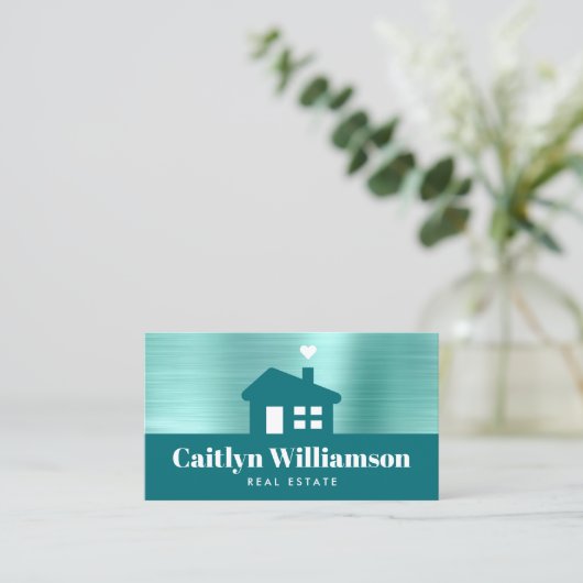 実在不動産ブローカープロフェッショナルモダンハウスティール(緑がかった色) 名刺 (スタンド正面)