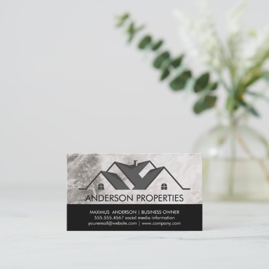 実在不動産ロゴ白黒 | 大理石 名刺 (スタンド正面)