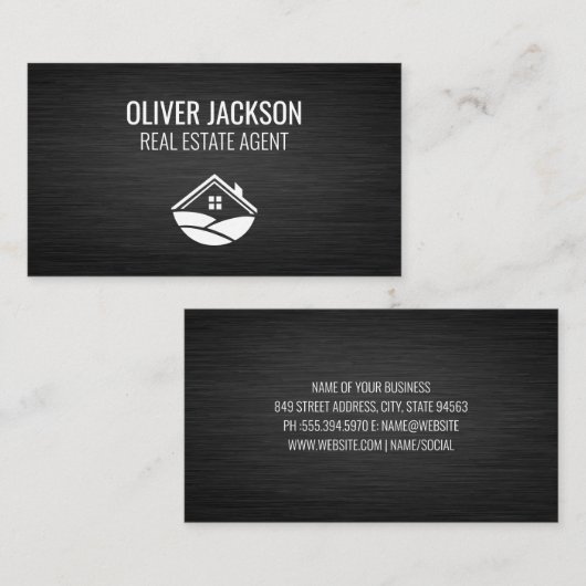 実在不動産ロゴ |ダークお洒落メタリック背景 名刺 (正面/裏面)