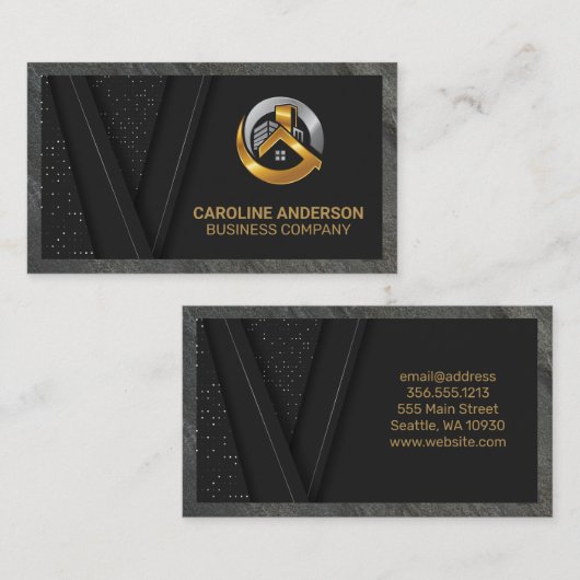 実在不動産ロゴ | ブラック金ゴールドバックグラウンドビジネス 名刺 (正面/裏面)