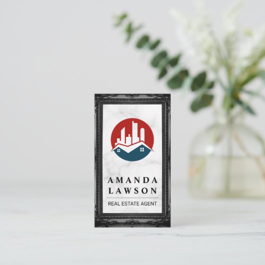 実在不動産ロゴ |大理石 |黒い枠 予約カード (スタンド正面)