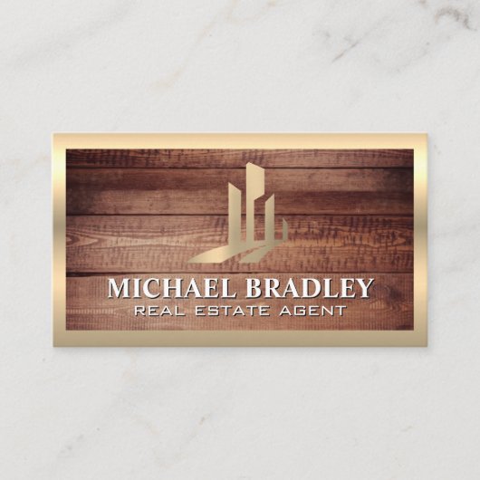 実在不動産ロゴ | 木材素朴金ゴールド金属 名刺 (正面)