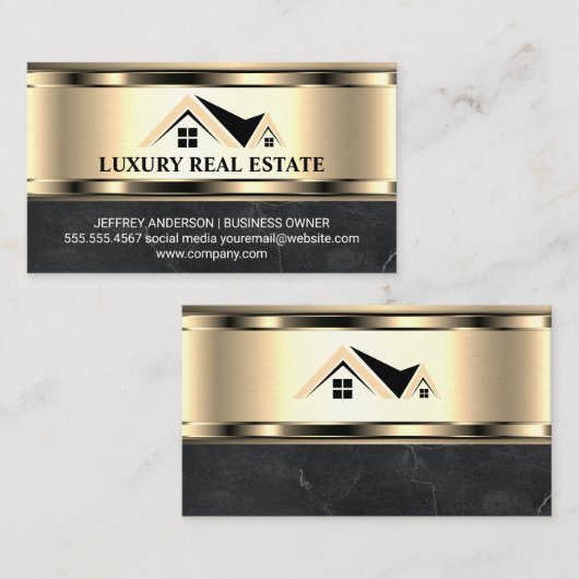 実在不動産ロゴ |金属製の金ゴールド大理石 名刺 (正面/裏面)