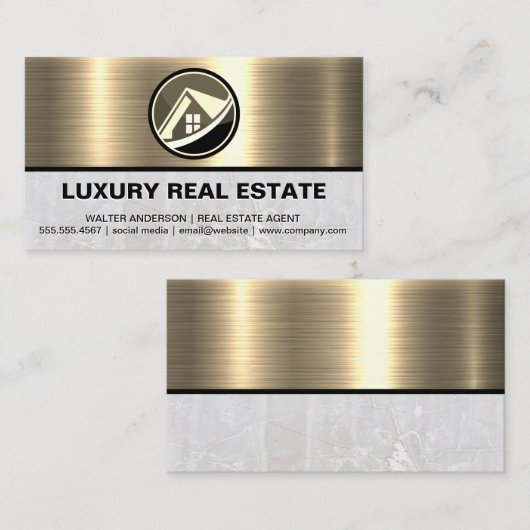 実在不動産ロゴ |金属製の金ゴールド大理石 名刺 (正面/裏面)