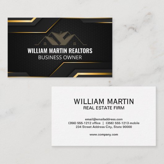 実在不動産ロゴ | 金属金ゴールド幾何学的ブラック 名刺 (正面/裏面)