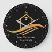 実在不動産会社シモダンック金ゴールドブラックオフィス ラージ壁時計 (正面)