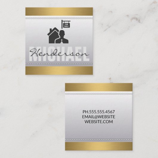 実在不動産 |金属金ゴールドトリム |ステッチ スクエア名刺 (正面/裏面)