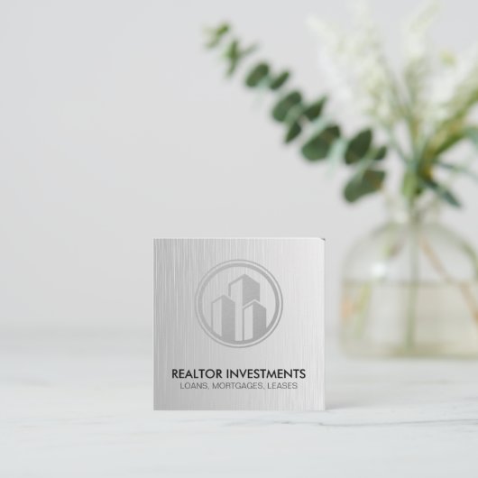 実在代理人 | メタリック | 企業の建物 スクエア名刺 (スタンド正面)