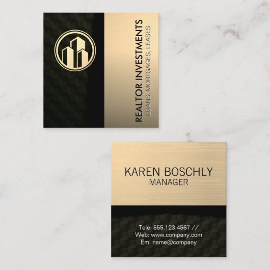 実在代理人 | 金ゴールド金属 | 黒お洒落色 スクエア名刺 (正面/裏面)