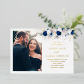 実在王室の金ゴールドと青い花結婚写真 箔招待状 (立ち正面)