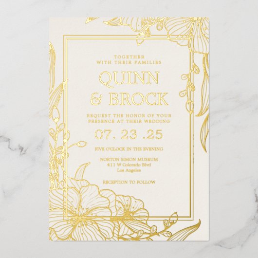 実在箔フローラ金ゴールド結婚葉 箔招待状 (正面)