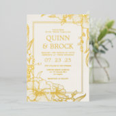 実在箔フローラ金ゴールド結婚葉 箔招待状 (立ち正面)