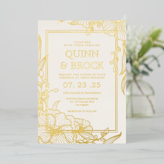 実在箔フローラ金ゴールド結婚葉 箔招待状 (立ち正面)