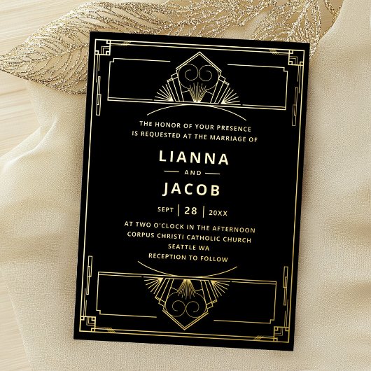 実在金ゴールドとブラックヴィンテージアールデコ20s結婚 箔招待状
