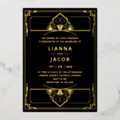 実在金ゴールドとブラックヴィンテージアールデコ20s結婚 箔招待状 (正面)