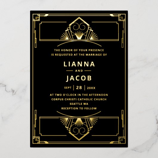 実在金ゴールドとブラックヴィンテージアールデコ20s結婚 箔招待状 (正面)
