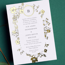 実在金ゴールドサークルモノグラム卵形乾燥野花 箔招待状