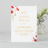 実在金ゴールドシックなポピー赤い野結婚花 箔招待状 (立ち正面)