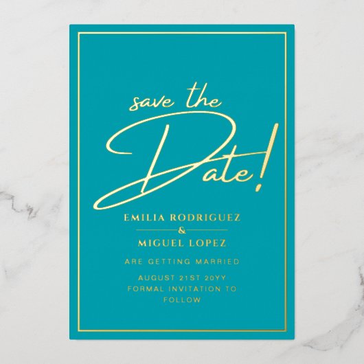 実在金ゴールドティール(緑がかった色)日付の保結婚存 箔招待状 (正面)