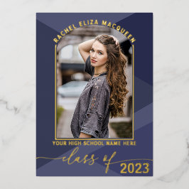 実在金ゴールドネイビーブルー幾何学写真卒業 箔招待状