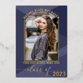 実在金ゴールドネイビーブルー幾何学写真卒業 箔招待状 (正面)