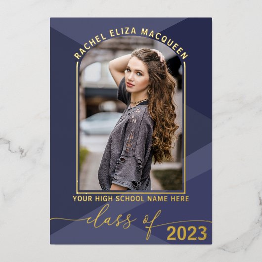 実在金ゴールドネイビーブルー幾何学写真卒業 箔招待状 (正面)