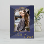 実在金ゴールドネイビーブルー幾何学写真卒業 箔招待状 (立ち正面)