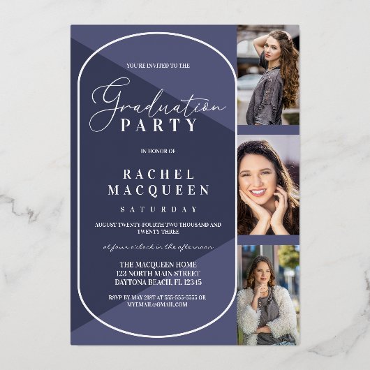 実在金ゴールドネイビーブルー幾何学写真卒業 箔招待状 (裏面)