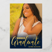 実在金ゴールドネイビーブルー3枚写真卒業パーティー 箔招待状 (正面)