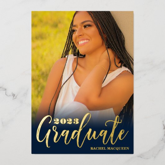 実在金ゴールドネイビーブルー3枚写真卒業パーティー 箔招待状 (正面)