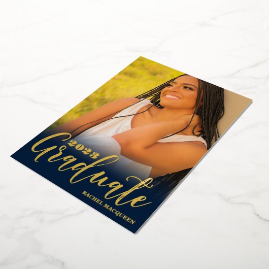 実在金ゴールドネイビーブルー3枚写真卒業パーティー 箔招待状 (回転した状態)