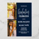 実在金ゴールドネイビーブルー3枚写真卒業パーティー 箔招待状 (裏面)