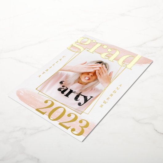 実在金ゴールドピンク水彩写真卒業箔 箔招待状 (回転した状態)