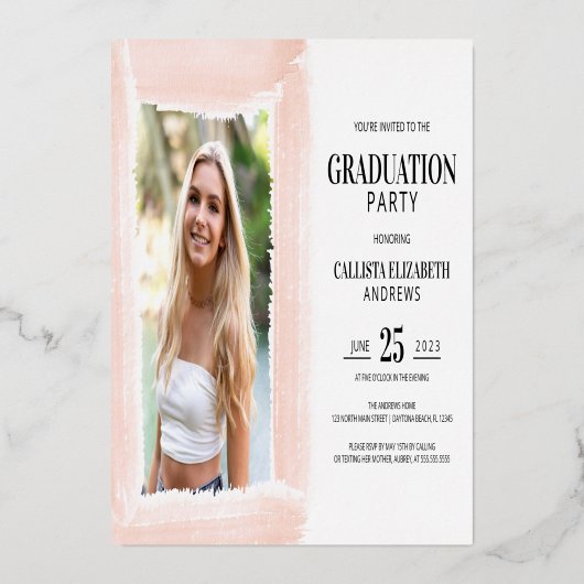 実在金ゴールドピンク水彩写真卒業箔 箔招待状 (裏面)