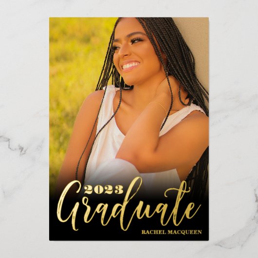 実在金ゴールドブラック3枚写真卒業パーティー 箔招待状 (正面)