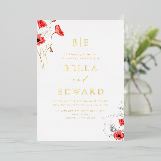 実在金ゴールドポピー赤ワイルドフラワーシック結婚ス 箔招待状 (立ち正面)