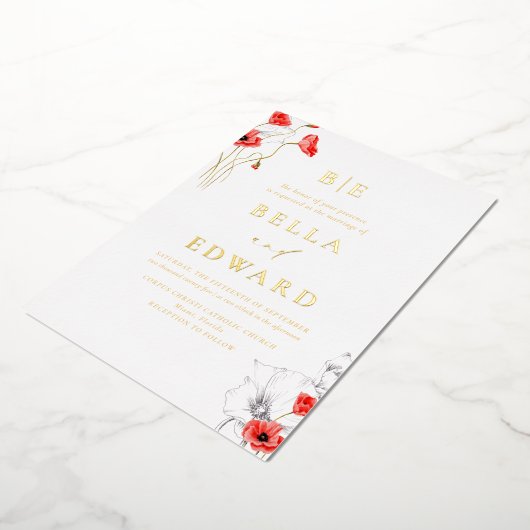 実在金ゴールドポピー赤ワイルドフラワーシック結婚ス 箔招待状 (回転した状態)