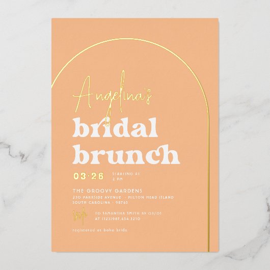 実在金ゴールドミッドモダンレトロアーチブランチブライダルシャワー 箔招待状 (正面)