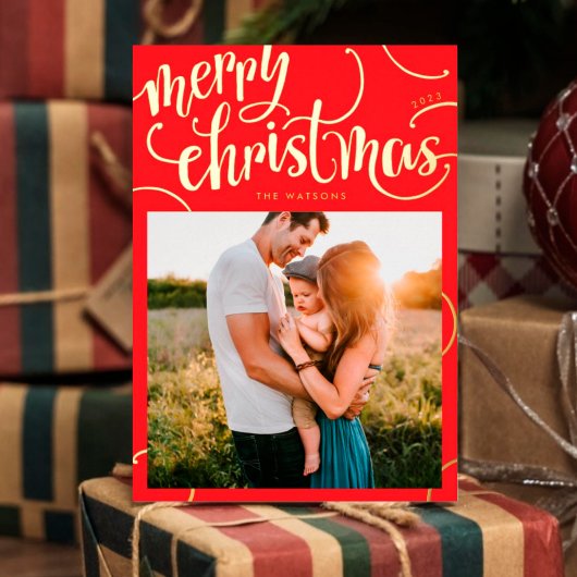 実在金ゴールドメリークリスマスの手紙の渦巻き写真 箔シーズンカード