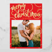 実在金ゴールドメリークリスマスの手紙の渦巻き写真 箔シーズンカード (正面)
