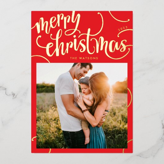 実在金ゴールドメリークリスマスの手紙の渦巻き写真 箔シーズンカード (正面)