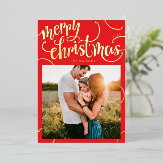 実在金ゴールドメリークリスマスの手紙の渦巻き写真 箔シーズンカード (立ち正面)