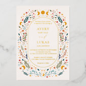 実在金ゴールドヴィンテージ神秘的な野結婚花 箔招待状 (正面)