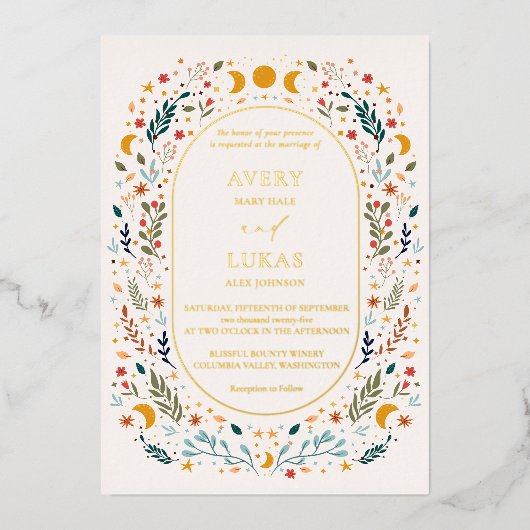 実在金ゴールドヴィンテージ神秘的な野結婚花 箔招待状 (正面)