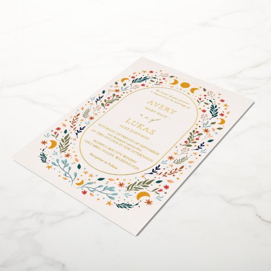 実在金ゴールドヴィンテージ神秘的な野結婚花 箔招待状 (回転した状態)