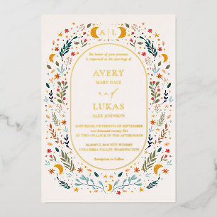 実在金ゴールドヴィンテージ神秘的フローラモノグラム結婚の 箔招待状