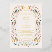 実在金ゴールドヴィンテージ神秘的フローラモノグラム結婚の 箔招待状 (正面)